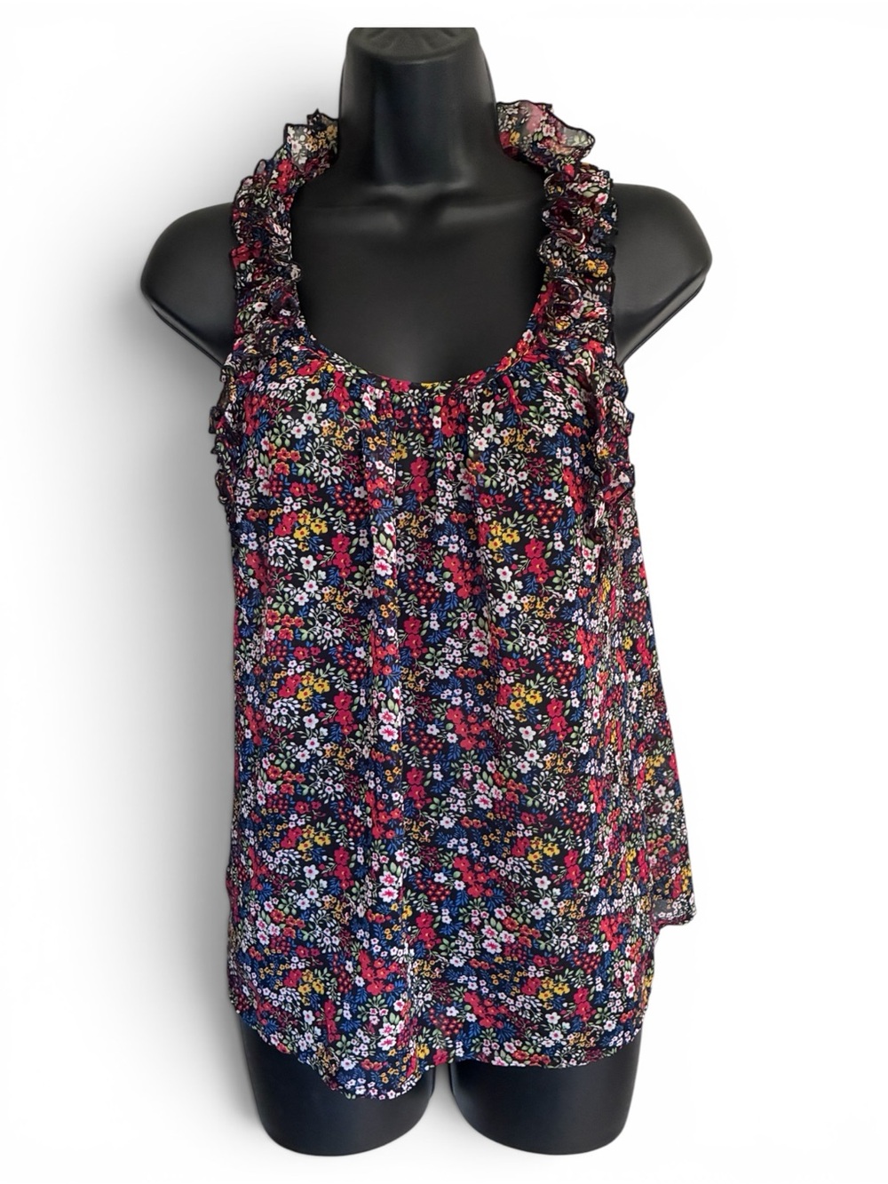 Vintage 90s Y2K Ditsy Floral Coquette Ruffle Sleeveless Tank Top Grunge Sz XS